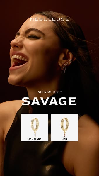 This ad for Nébuleuse features a woman with a wide smile wearing several earrings, including both the Lion and Lion Blan