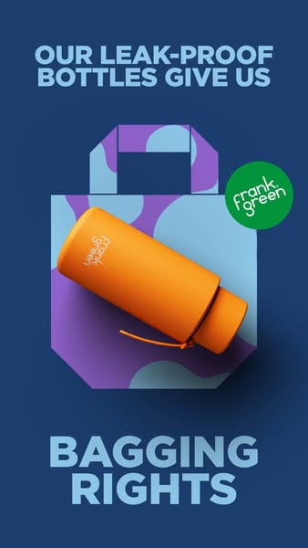 This ad showcases Frank Green's leak-proof bottles, emphasizing their quality and design. The ad uses a playful visu