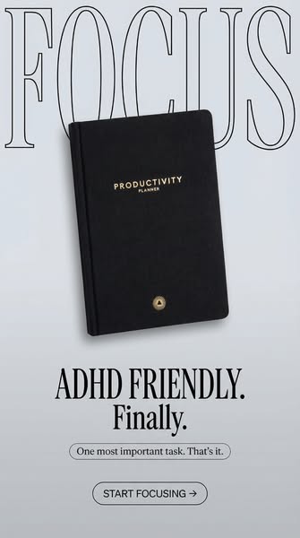 This image ad features a black productivity planner against a gray background. The ad appeals to people with ADHD by sta