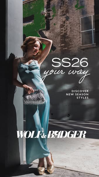 This image ad features a woman modeling clothing and accessories from Wolf & Badger's SS26 collection. The ad