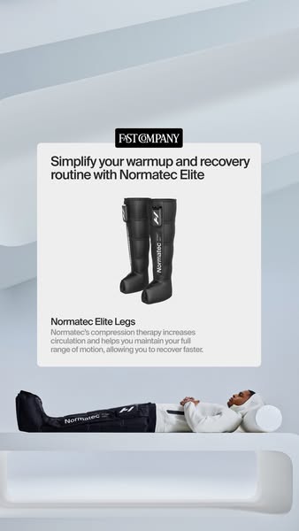 This image ad for Normatec Elite features the product, a pair of compression boots, along with a man wearing them. The a