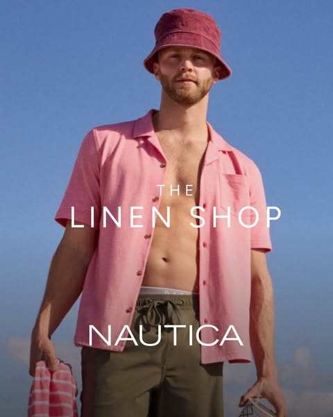 This ad features a man wearing a pink linen shirt and khaki shorts from Nautica's Linen Shop collection, set against