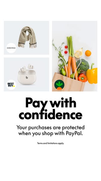 This image ad promotes the use of PayPal for secure online shopping. It features a collage of products from different re