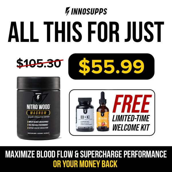 This image ad by InnoSupps promotes a special offer on their Nitro Wood Magnum supplement, which is designed to maximize