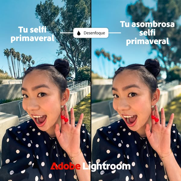 An ad for Adobe Lightroom featuring a split screen 'before/after' of a selfie with a filter applied.