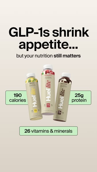 This ad promotes Huel Lite drinks as a nutritious option, even when appetite is reduced. It highlights the drink's l
