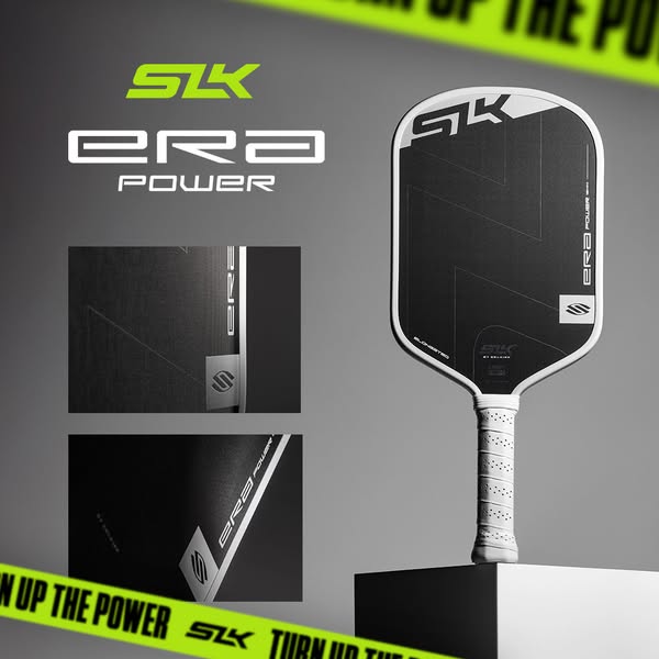 This ad showcases the SLK Era Power pickleball paddle. The ad utilizes sleek and modern visuals to highlight the paddle&