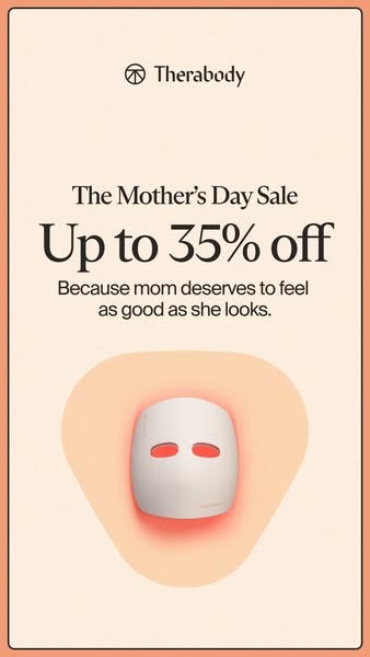 This image ad promotes Therabody's Mother's Day Sale, offering up to 35% off. The ad features a skincare mask in