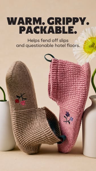 This ad promotes a pair of slipper socks that are warm, grippy, and packable, designed to provide comfort and safety on 