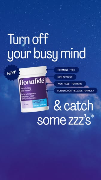 This ad showcases Bonafide Women's Daily Sleep Support supplements. It uses a night sky background to emphasize the 