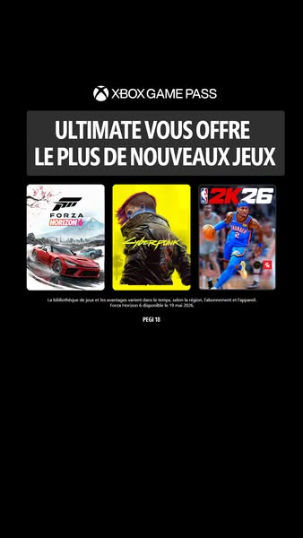 This ad is for Xbox Game Pass Ultimate, showcasing three popular games available on the platform: Forza Horizon 6, Cyber