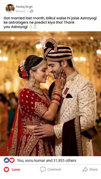 This image ad is an example of social proof for Astroyogi, an astrology service, showing a happy couple whose wedding wa