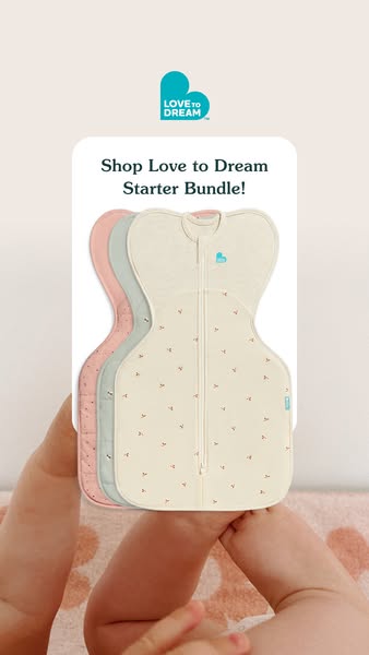 This image ad promotes the Love to Dream Starter Bundle, featuring three swaddles in different colors. The ad is designe