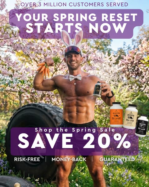 This image ad for a spring sale features a muscular man with bunny ears and a bow tie. He is holding carrots and a bottl