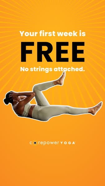 A CorePower Yoga ad promoting a free first week, featuring an active woman in workout attire.