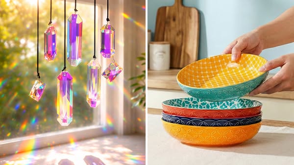 This ad features a split screen, with the left side showing crystal prisms hanging in a window and the right side showin