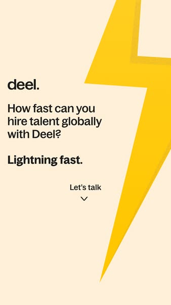 This ad for Deel uses a lightning bolt visual to emphasize the speed at which you can hire talent globally using their p