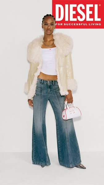 This ad showcases Diesel clothing and accessories. A model is shown wearing a jacket, top, jeans, and shoes, and carryin