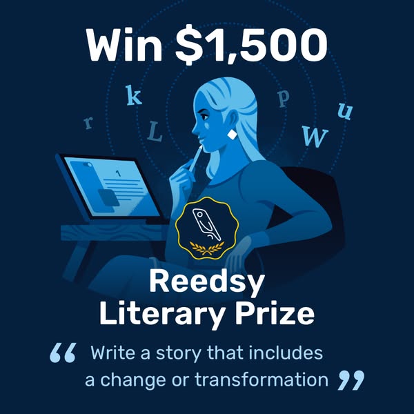 This is an image ad for the Reedsy Literary Prize, offering a $1,500 award. The ad features an illustration of a person 