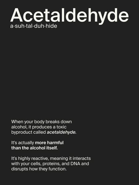 This ad defines acetaldehyde and explains its harmful effects after alcohol consumption.