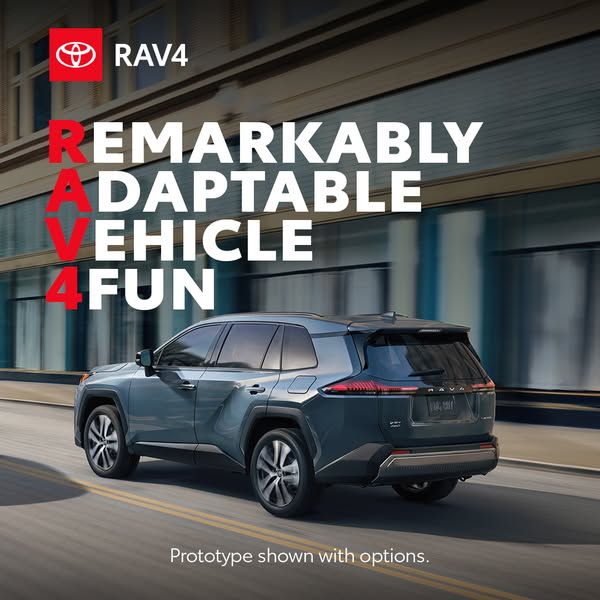 This image ad for the Toyota RAV4 highlights the car's adaptability and fun driving experience.