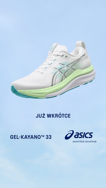 This ad showcases the ASICS GEL-KAYANO™ 33 shoe and highlights that it will be arriving soon.