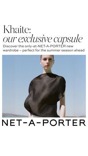 This image ad promotes Khaite clothing which is exclusively sold at Net-A-Porter. The ad features a model wearing a blac