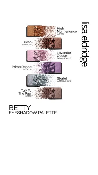 This image ad showcases the Lisa Eldridge BETTY Eyeshadow Palette, highlighting the different shades it contains. It ser