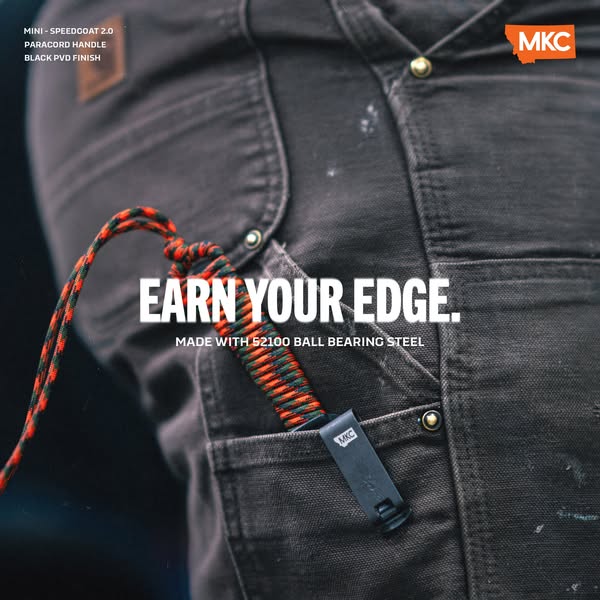 This ad showcases the Mini-Speedgoat 2.0 knife from Montana Knife Company, highlighting its compact size, durable materi