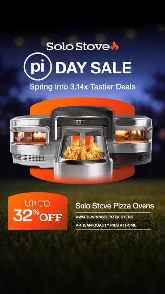 This image ad promotes Solo Stove pizza ovens, highlighting a Pi Day sale with a 32% discount and emphasizing the abilit