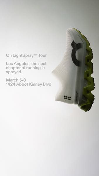 This ad promotes the On LightSpray™ Tour event in Los Angeles. The ad features a white sneaker with a lime green sole on