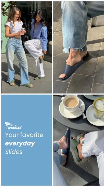 This ad promotes Archies slides as the perfect everyday footwear choice. It uses a split-screen format to present lifest