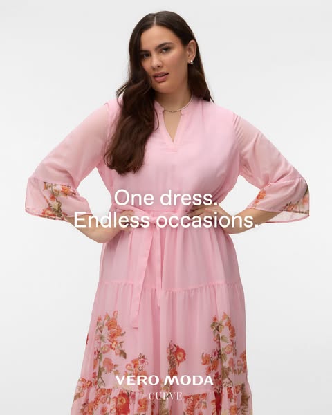 This ad showcases a flowy dress from Vero Moda Curve, emphasizing its versatility for various occasions. The ad features