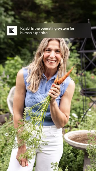 This image ad for Kajabi features a woman holding carrots in a garden setting, with a text overlay describing Kajabi as 
