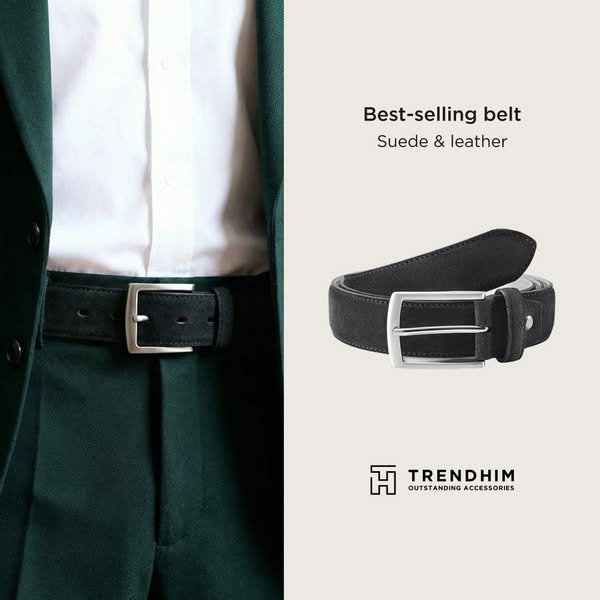 This image ad showcases a best-selling suede and leather belt from Trendhim. The ad focuses on the belt's visual app