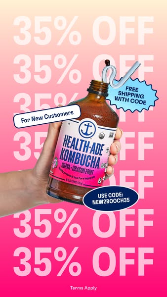 This image ad promotes Health-Ade Kombucha with a 35% off discount and free shipping for new customers who use the provi