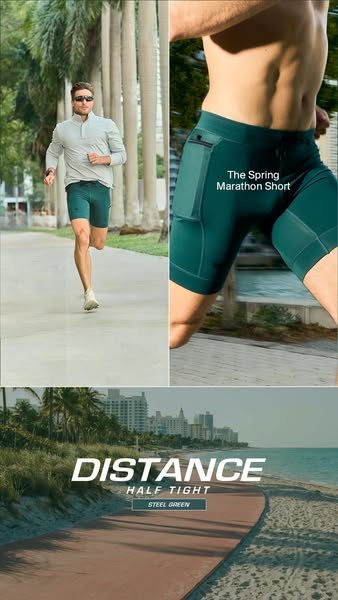 The ad features images of a male runner wearing a pair of 'Distance Half Tight' shorts in the color 'Steel G