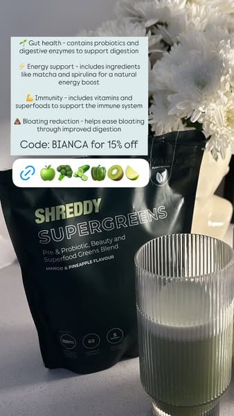 This image ad promotes Shreddy Supergreens, highlighting its benefits for gut health, energy, immunity, and bloating red