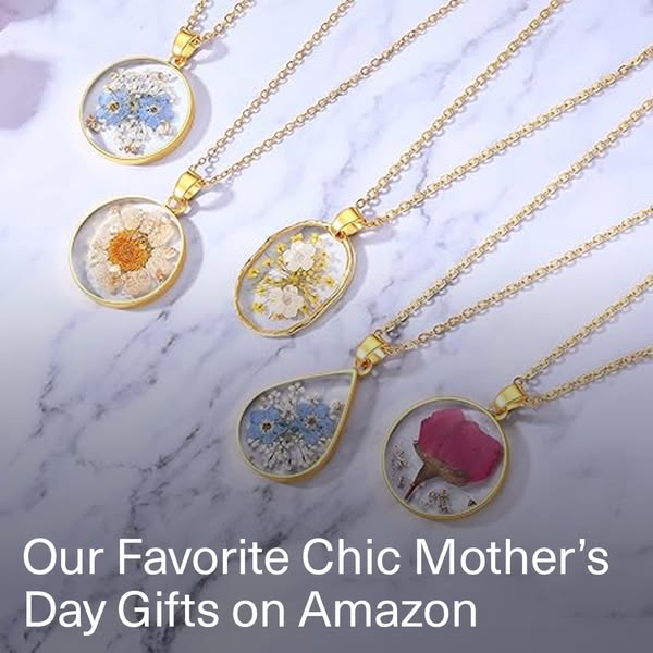 An image ad showcasing a variety of flower pendant necklaces on gold chains. The ad is promoting the necklaces as chic g