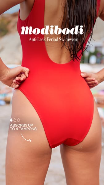 This ad showcases Modibodi's anti-leak period swimwear. It highlights the product's absorbency and is designed t