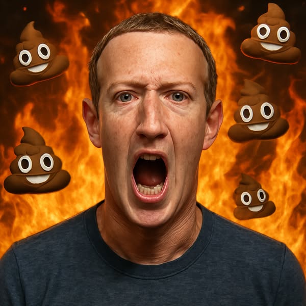 This ad features a portrait of Mark Zuckerberg with an angry expression, set against a fiery background and surrounded b