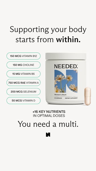 This image ad for Needed. Women's Multi highlights key nutrients and optimal doses to support a woman's body fro