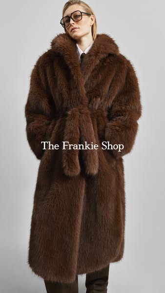 This ad features a woman wearing a brown faux fur coat from The Frankie Shop. The ad has a clean and minimalist aestheti