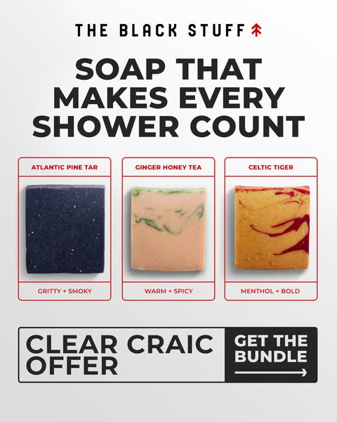 This image ad showcases three different soap products from The Black Stuff, highlighting their unique scents and benefit