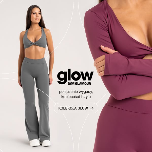This ad showcases activewear from Gym Glamour. The ad features a woman wearing a gray activewear set and a close up of a