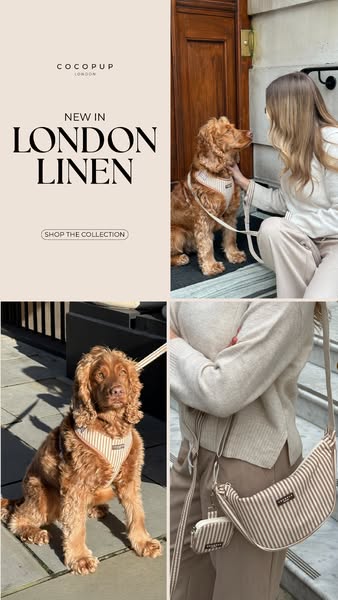This image ad for Cocopup London features the brand's new London Linen collection of dog harnesses, leashes, and mat