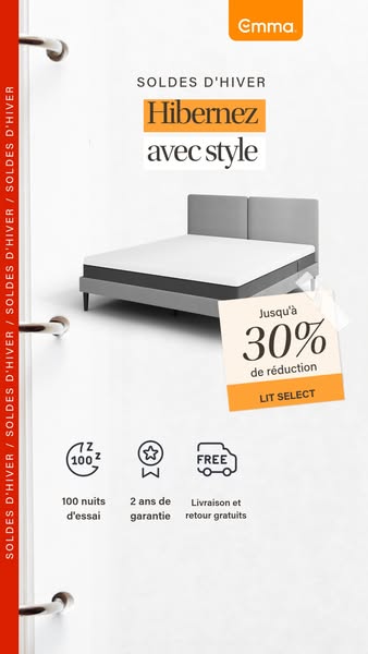 This ad for Emma mattresses promotes their winter sale. It highlights the discount, trial period, warranty, and free shi