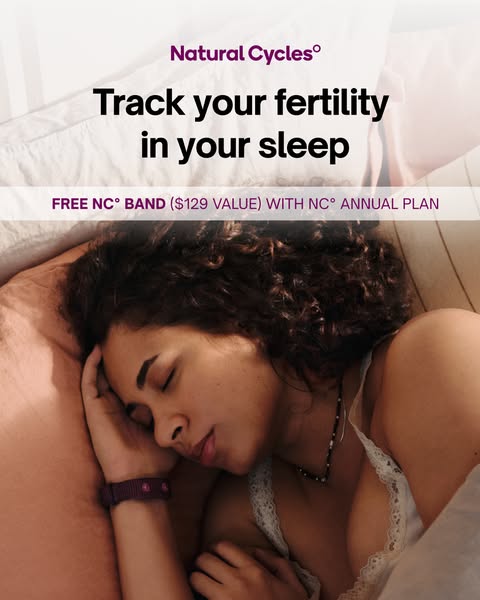 This ad shows a woman sleeping to promote a Natural Cycles product that tracks fertility while you sleep and includes a 