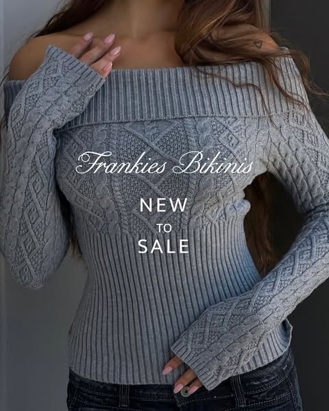 This image ad for Frankie's Bikinis highlights a sale on new items. The ad features a model wearing a gray off-the-s