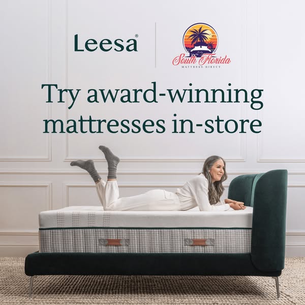 This ad promotes award-winning mattresses available in-store, featuring a woman relaxing on a Leesa mattress. The image